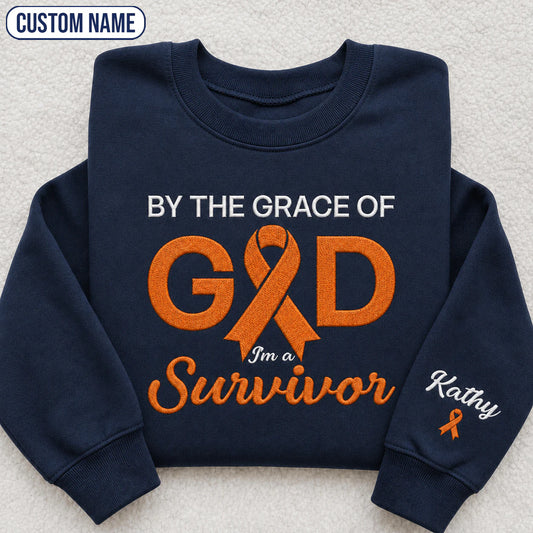 Personalized By the Grace of God Orange Ribbon Embroidered Unisex Crewneck Sweatshirt