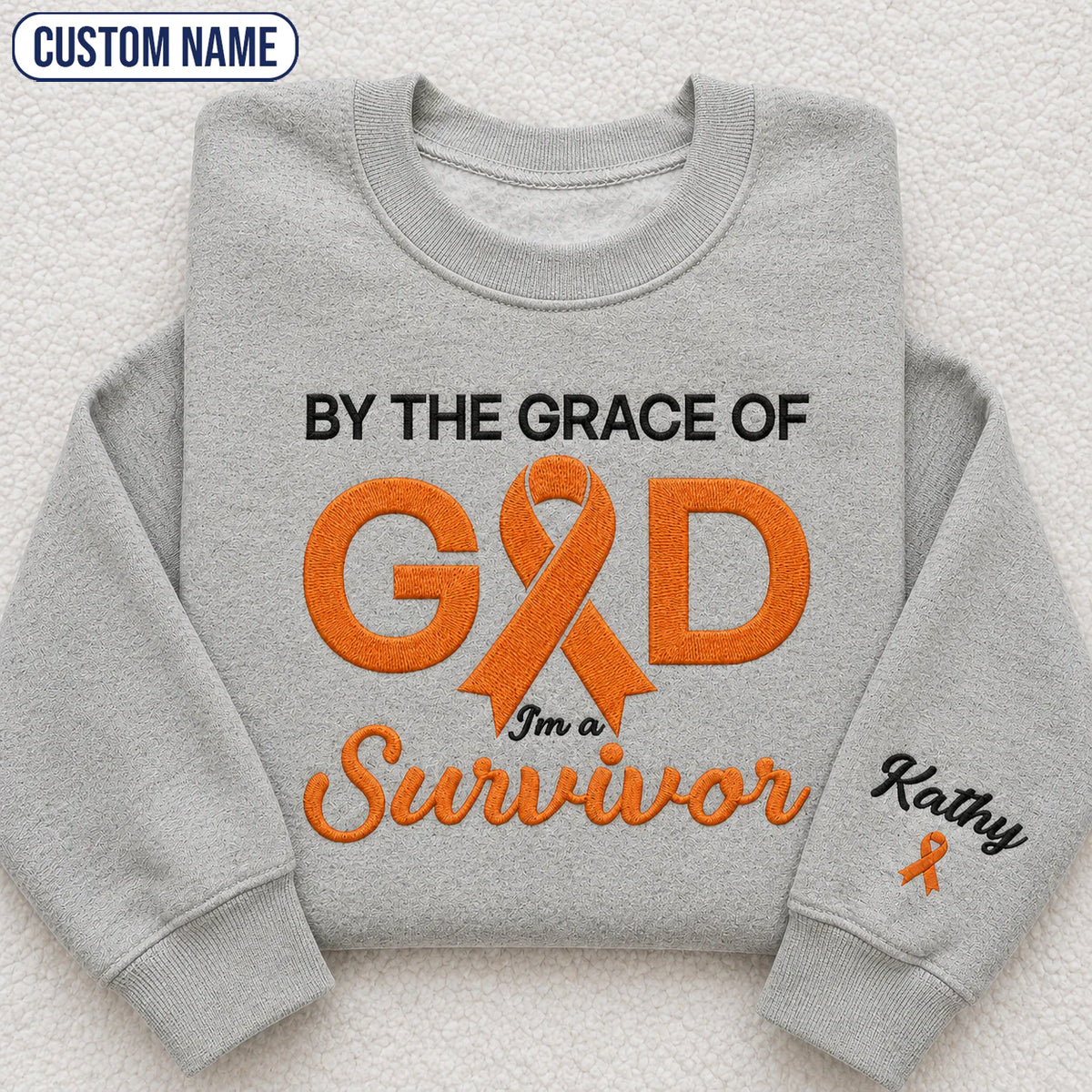 Personalized By the Grace of God Orange Ribbon Embroidered Unisex Crewneck Sweatshirt