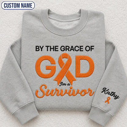 Personalized By the Grace of God Orange Ribbon Embroidered Unisex Crewneck Sweatshirt