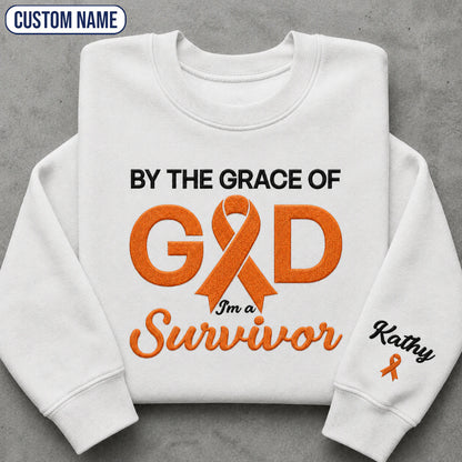 Personalized By the Grace of God Orange Ribbon Embroidered Unisex Crewneck Sweatshirt