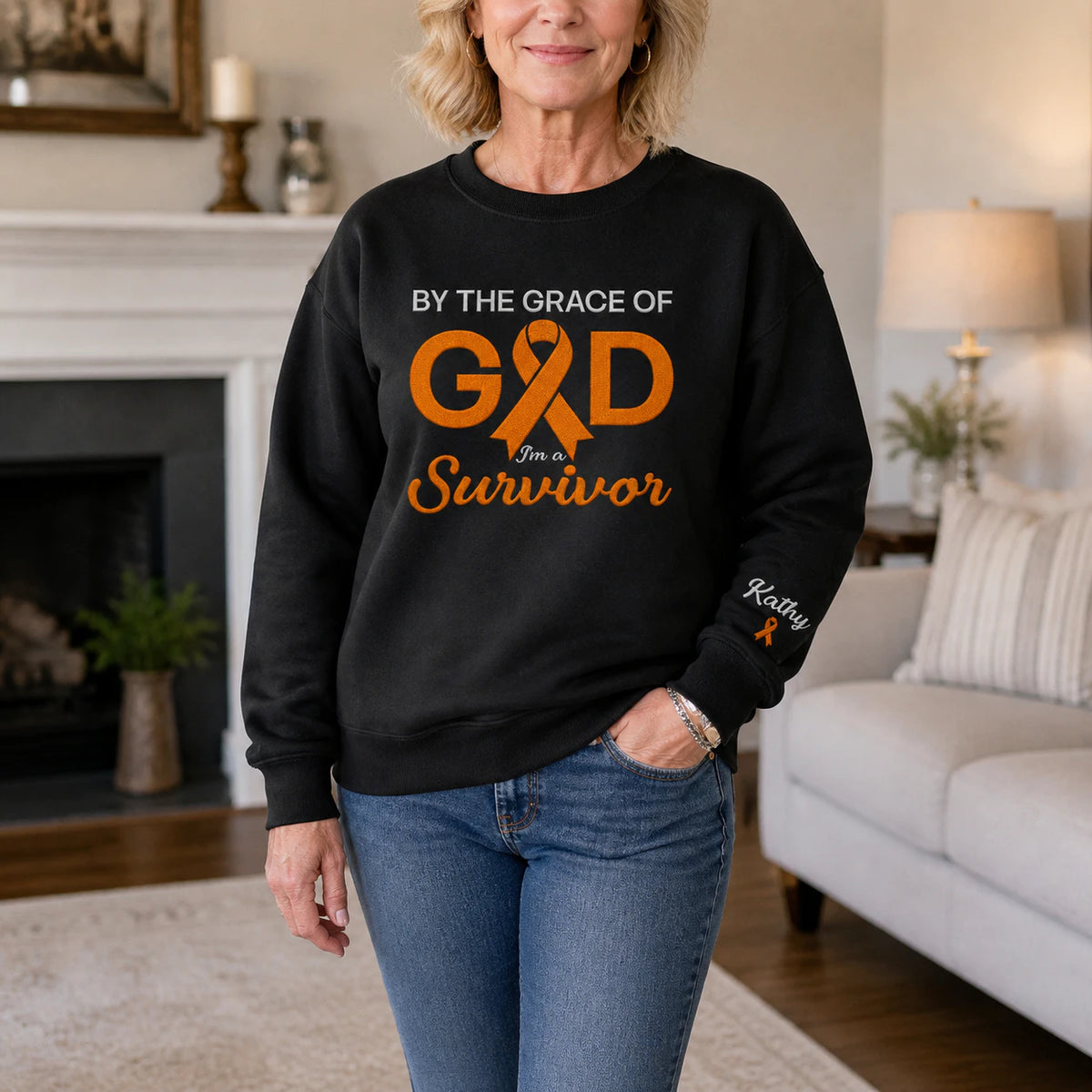 Personalized By the Grace of God Orange Ribbon Embroidered Unisex Crewneck Sweatshirt