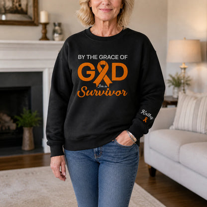 Personalized By the Grace of God Orange Ribbon Embroidered Unisex Crewneck Sweatshirt