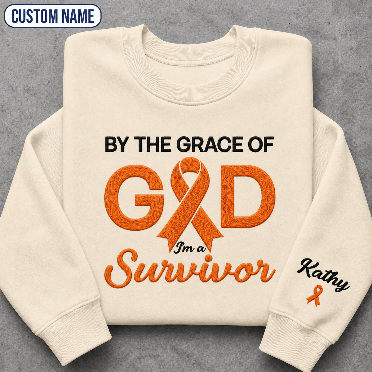 Personalized By the Grace of God Orange Ribbon Embroidered Unisex Crewneck Sweatshirt