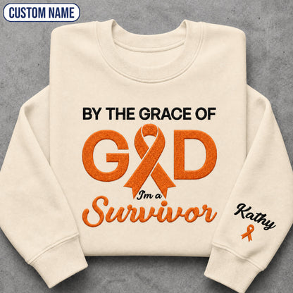 Personalized By the Grace of God Orange Ribbon Embroidered Unisex Crewneck Sweatshirt