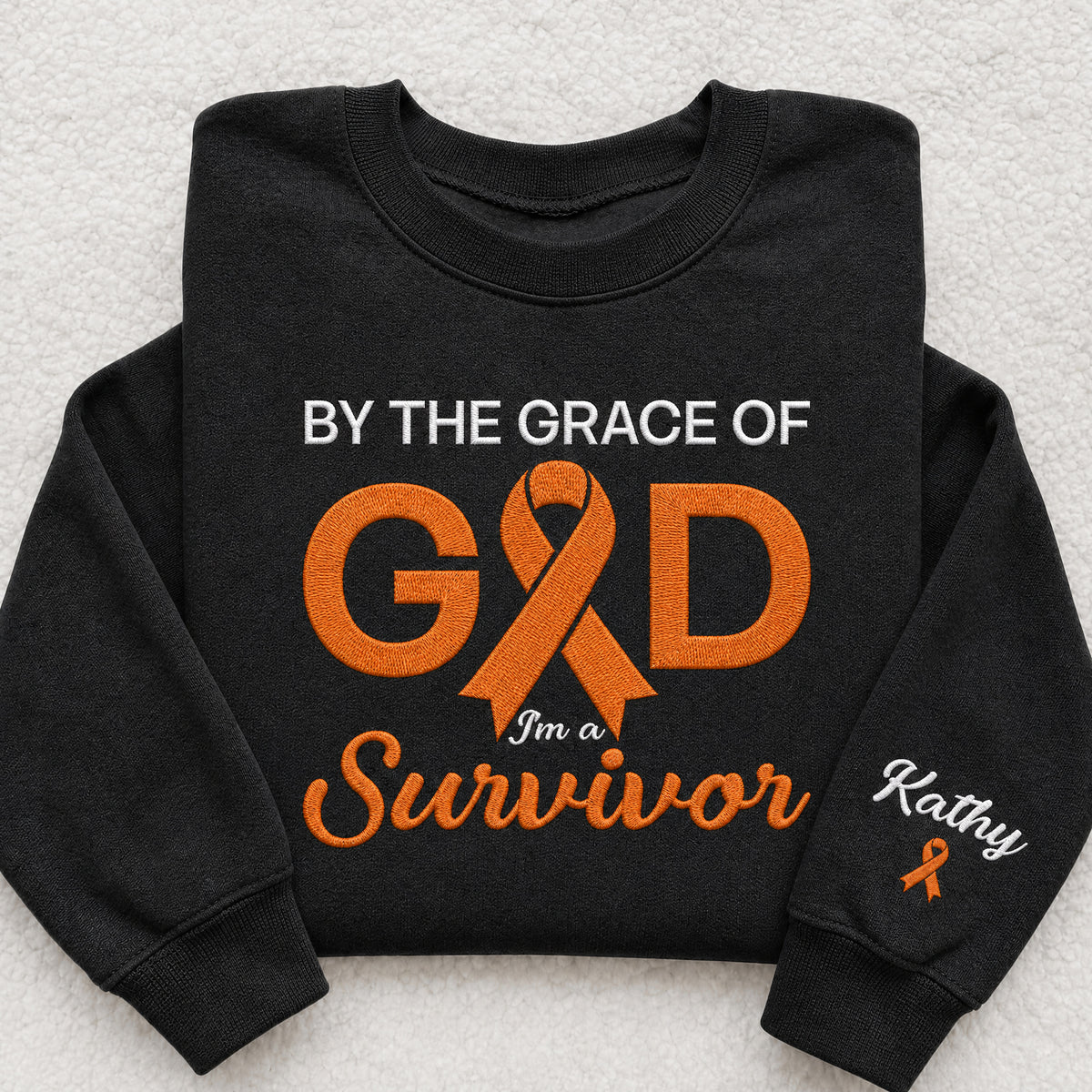 Personalized By the Grace of God Orange Ribbon Embroidered Unisex Crewneck Sweatshirt