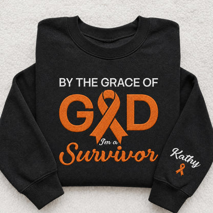 Personalized By the Grace of God Orange Ribbon Embroidered Unisex Crewneck Sweatshirt