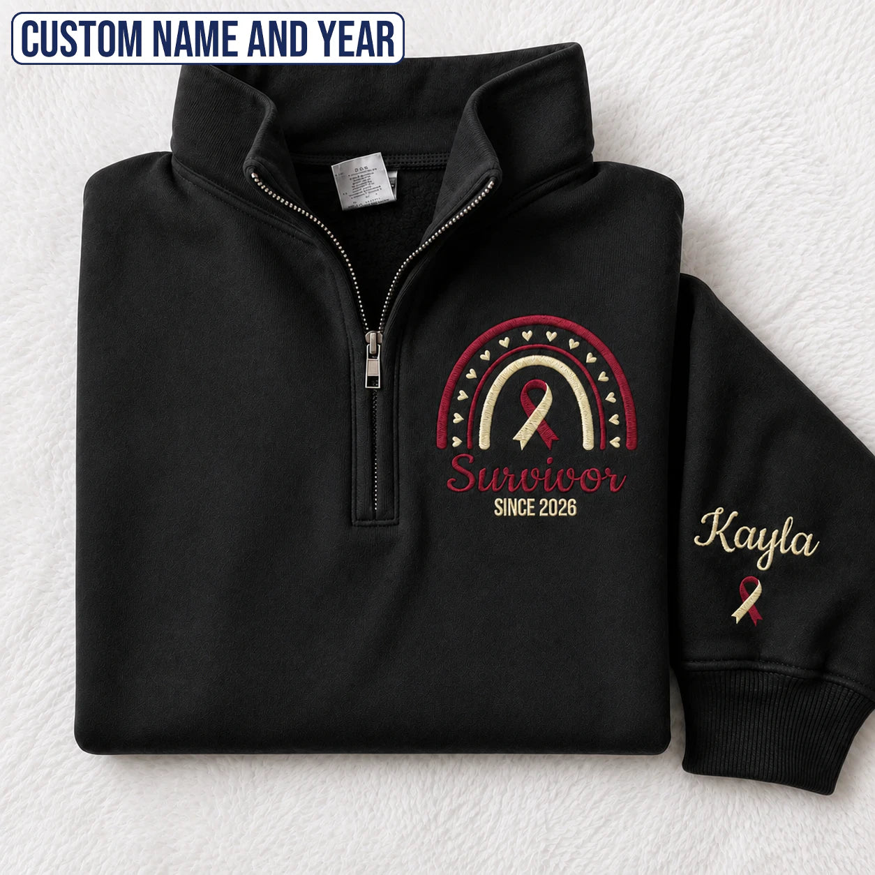 Personalized Burgundy and White Ribbon Inspired Name & Year Embroidered Unisex Quarter Zip Sweatshirt, Awareness Gift
