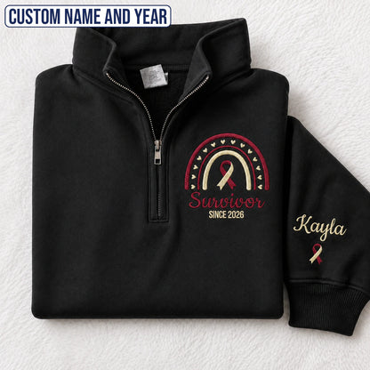 Personalized Burgundy and White Ribbon Inspired Name & Year Embroidered Unisex Quarter Zip Sweatshirt, Awareness Gift