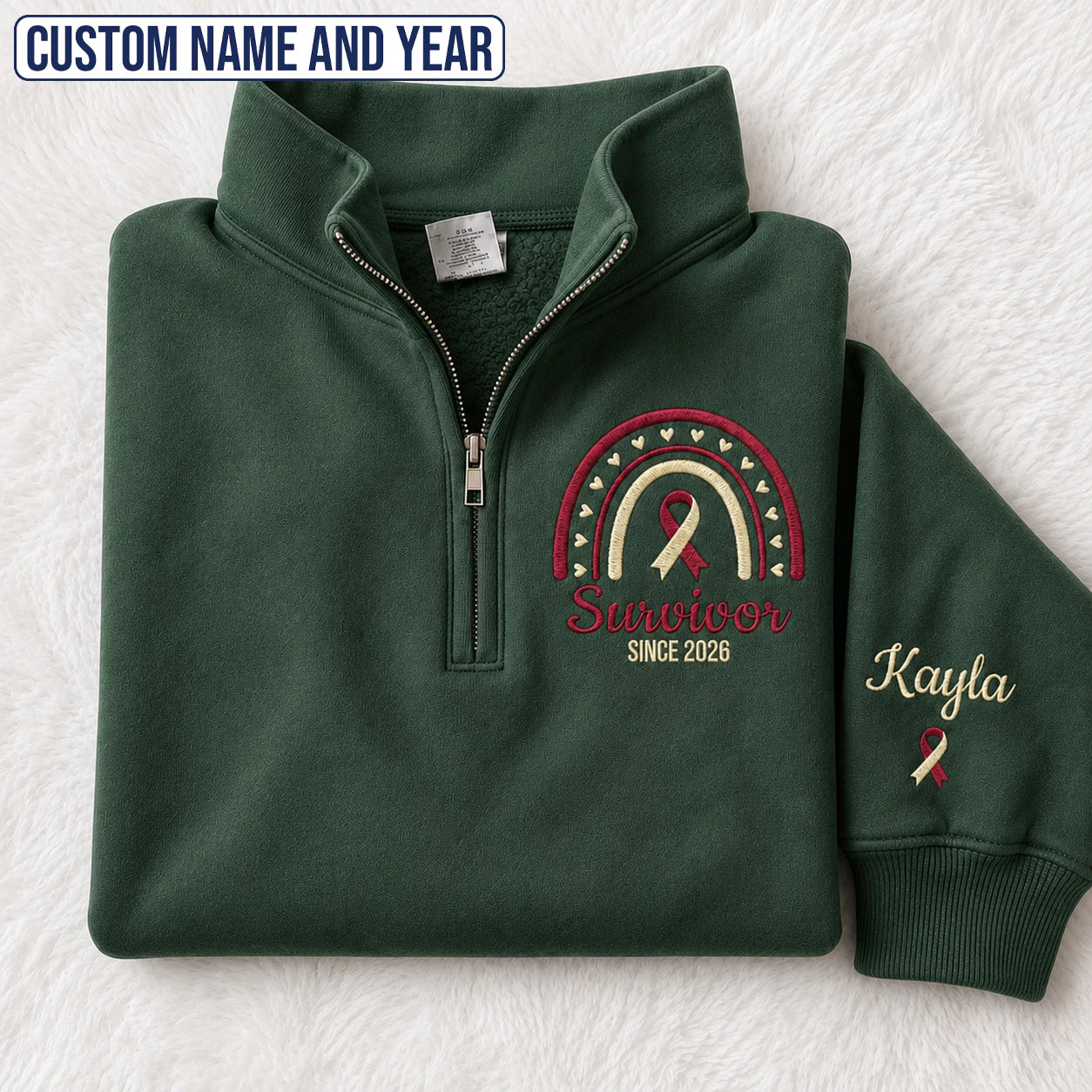 Personalized Burgundy and White Ribbon Inspired Name & Year Embroidered Unisex Quarter Zip Sweatshirt, Awareness Gift