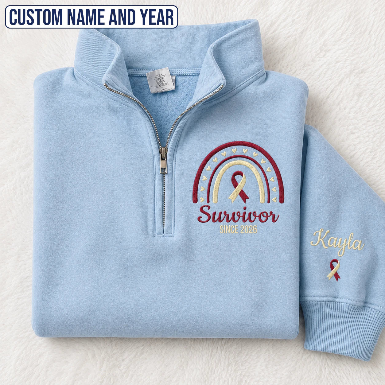 Personalized Burgundy and White Ribbon Inspired Name & Year Embroidered Unisex Quarter Zip Sweatshirt, Awareness Gift