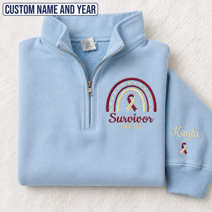 Personalized Burgundy and White Ribbon Inspired Name & Year Embroidered Unisex Quarter Zip Sweatshirt, Awareness Gift
