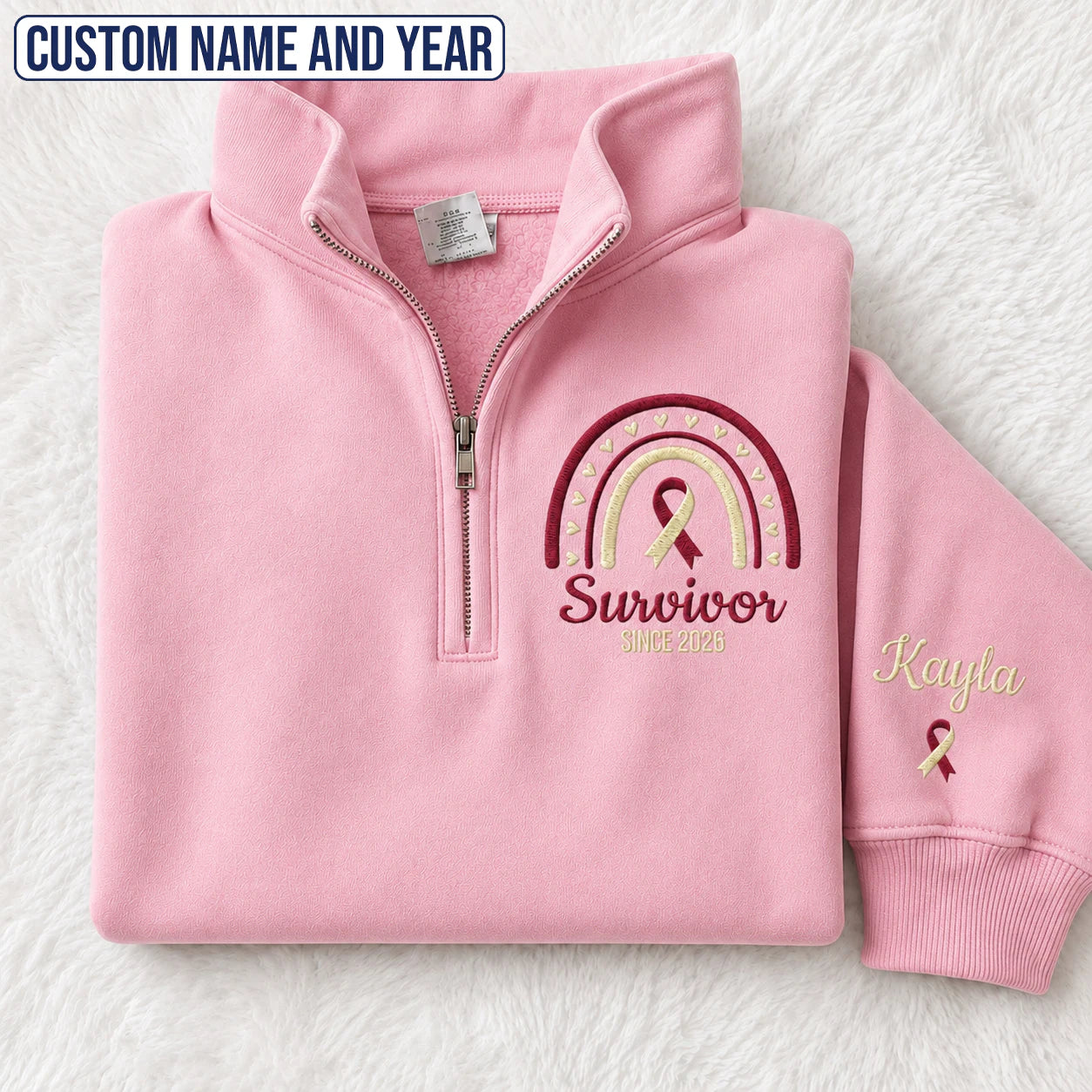 Personalized Burgundy and White Ribbon Inspired Name & Year Embroidered Unisex Quarter Zip Sweatshirt, Awareness Gift