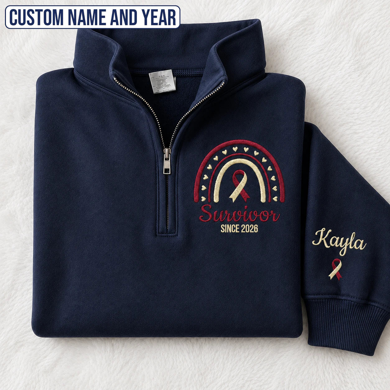 Personalized Burgundy and White Ribbon Inspired Name & Year Embroidered Unisex Quarter Zip Sweatshirt, Awareness Gift