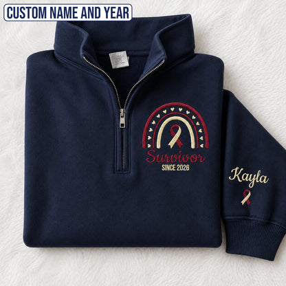 Personalized Burgundy and White Ribbon Inspired Name & Year Embroidered Unisex Quarter Zip Sweatshirt, Awareness Gift