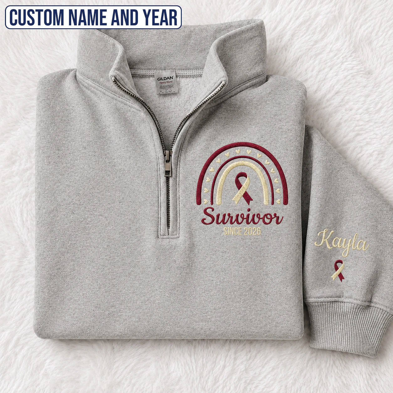 Personalized Burgundy and White Ribbon Inspired Name & Year Embroidered Unisex Quarter Zip Sweatshirt, Awareness Gift