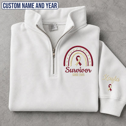 Personalized Burgundy and White Ribbon Inspired Name & Year Embroidered Unisex Quarter Zip Sweatshirt, Awareness Gift