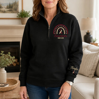 Personalized Burgundy and White Ribbon Inspired Name & Year Embroidered Unisex Quarter Zip Sweatshirt, Awareness Gift