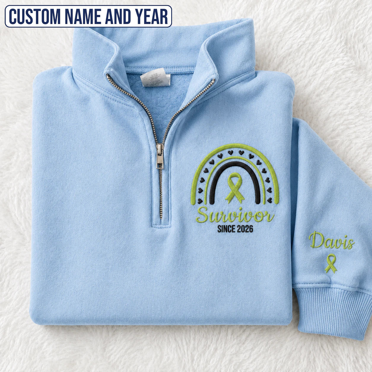 Personalized Lime Green Ribbon Inspired Name & Year Embroidered Unisex Quarter Zip Sweatshirt, Awareness Gift