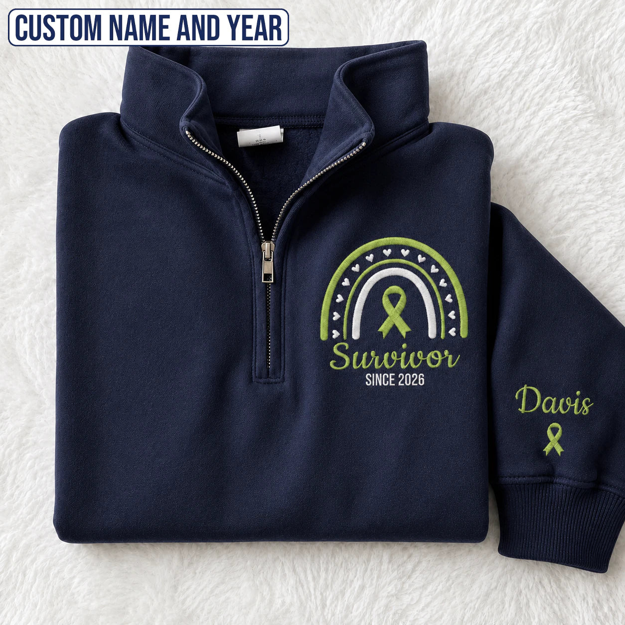 Personalized Lime Green Ribbon Inspired Name & Year Embroidered Unisex Quarter Zip Sweatshirt, Awareness Gift