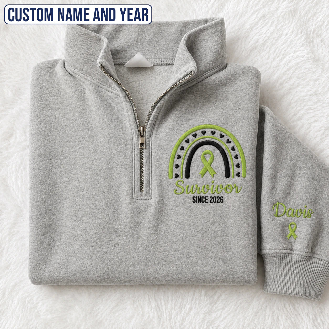 Personalized Lime Green Ribbon Inspired Name & Year Embroidered Unisex Quarter Zip Sweatshirt, Awareness Gift