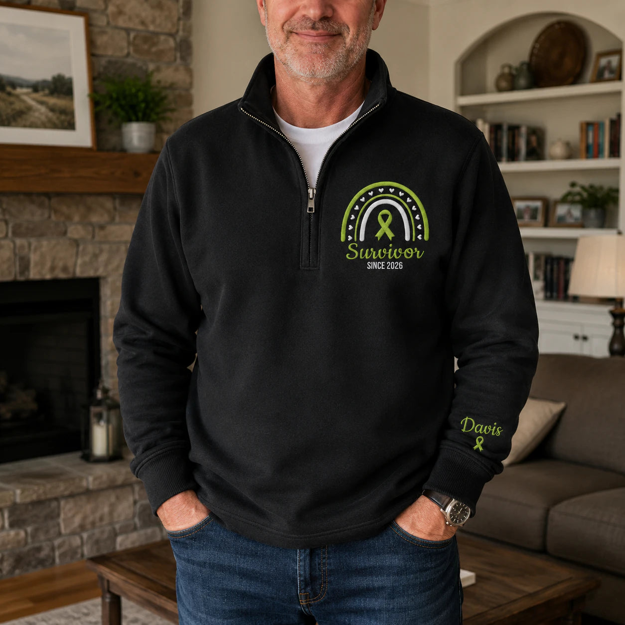 Personalized Lime Green Ribbon Inspired Name & Year Embroidered Unisex Quarter Zip Sweatshirt, Awareness Gift