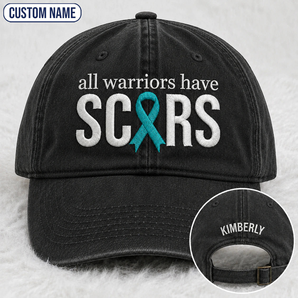 Personalized All Warriors Have Scars Teal Ribbon Embroidered Washed Cap, Awareness Gift