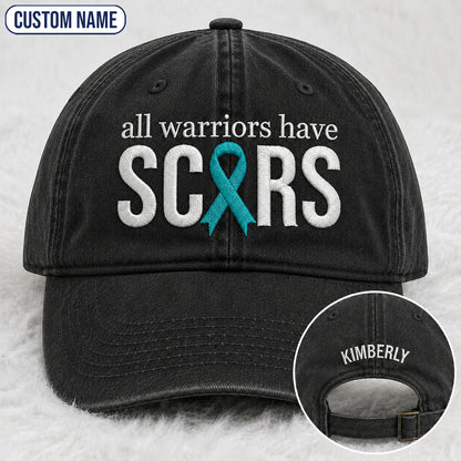 Personalized All Warriors Have Scars Teal Ribbon Embroidered Washed Cap, Awareness Gift