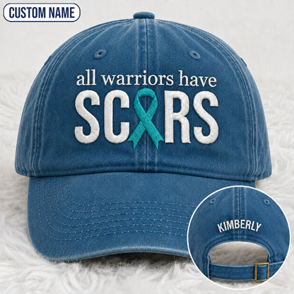 Personalized All Warriors Have Scars Teal Ribbon Embroidered Washed Cap, Awareness Gift
