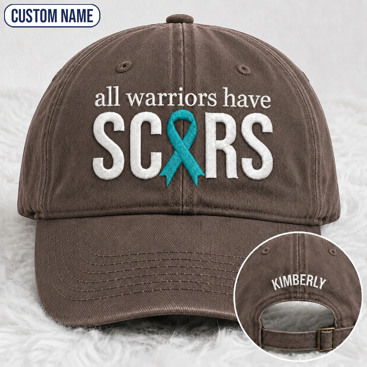 Personalized All Warriors Have Scars Teal Ribbon Embroidered Washed Cap, Awareness Gift
