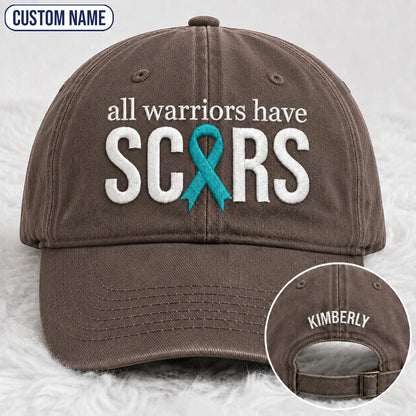 Personalized All Warriors Have Scars Teal Ribbon Embroidered Washed Cap, Awareness Gift