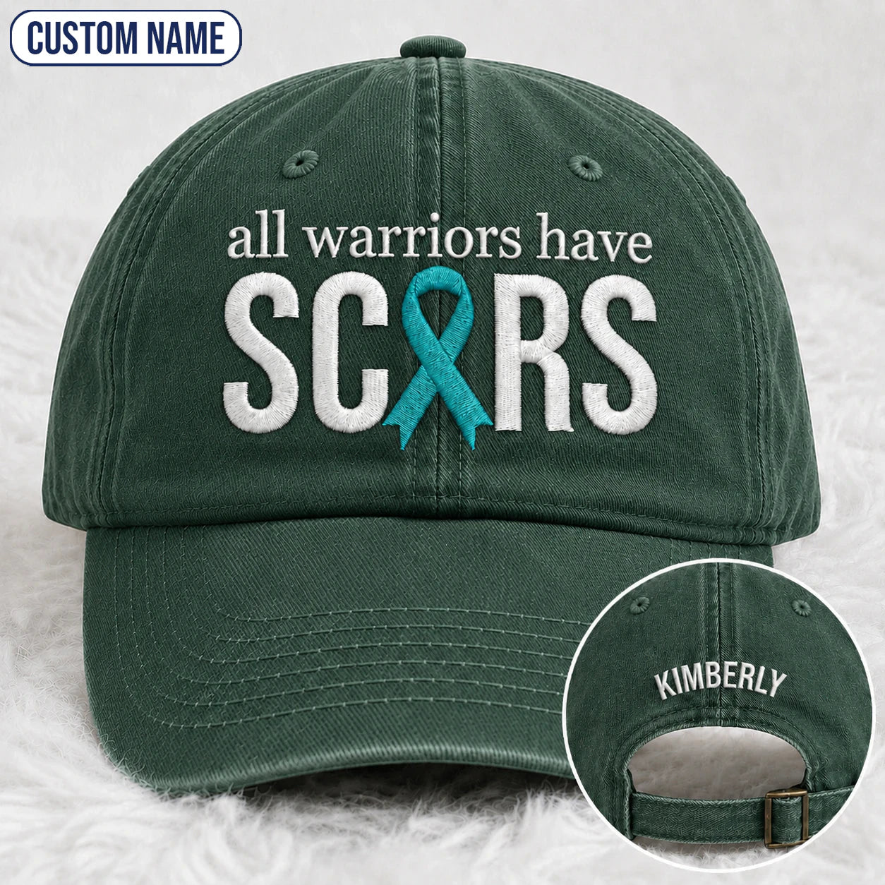 Personalized All Warriors Have Scars Teal Ribbon Embroidered Washed Cap, Awareness Gift