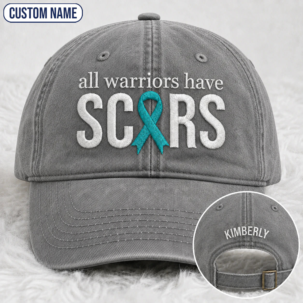 Personalized All Warriors Have Scars Teal Ribbon Embroidered Washed Cap, Awareness Gift