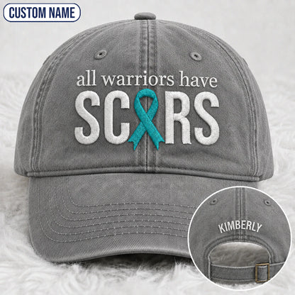 Personalized All Warriors Have Scars Teal Ribbon Embroidered Washed Cap, Awareness Gift