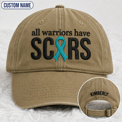 Personalized All Warriors Have Scars Teal Ribbon Embroidered Washed Cap, Awareness Gift