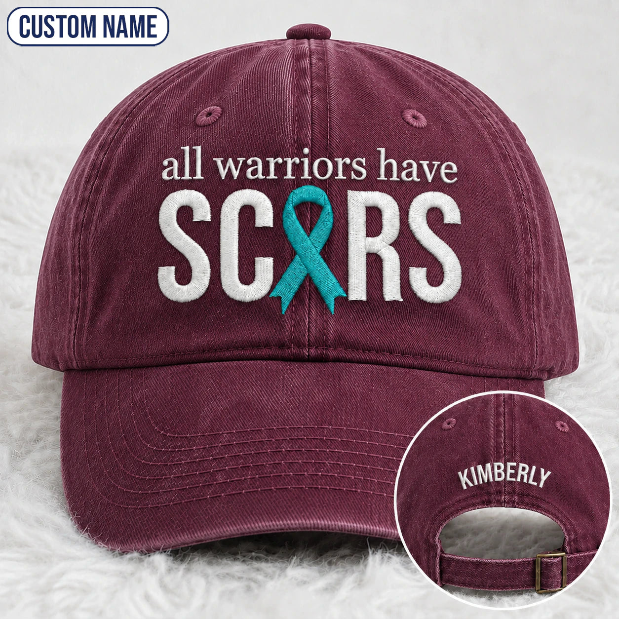 Personalized All Warriors Have Scars Teal Ribbon Embroidered Washed Cap, Awareness Gift