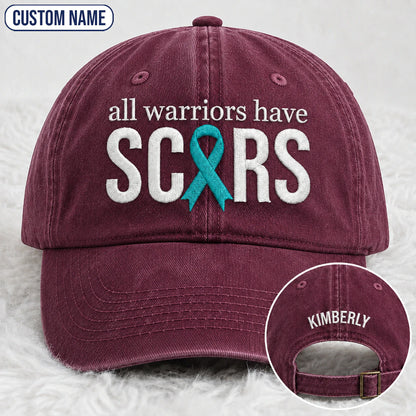 Personalized All Warriors Have Scars Teal Ribbon Embroidered Washed Cap, Awareness Gift