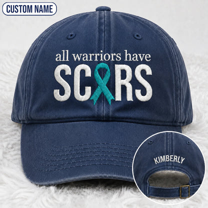 Personalized All Warriors Have Scars Teal Ribbon Embroidered Washed Cap, Awareness Gift