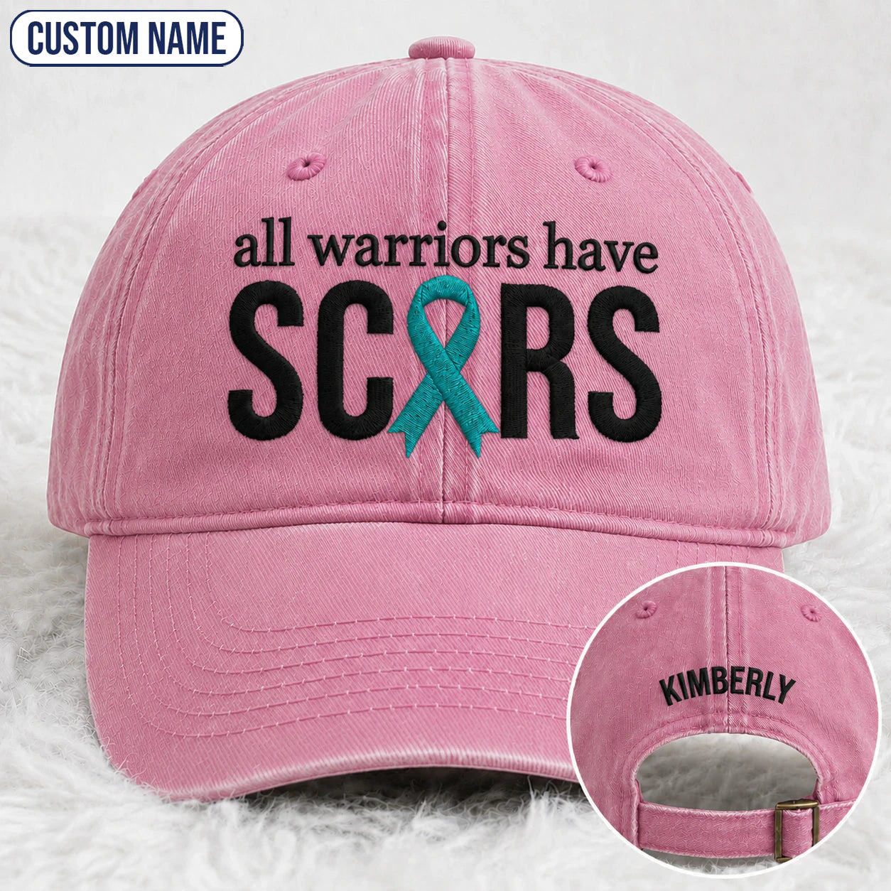 Personalized All Warriors Have Scars Teal Ribbon Embroidered Washed Cap, Awareness Gift