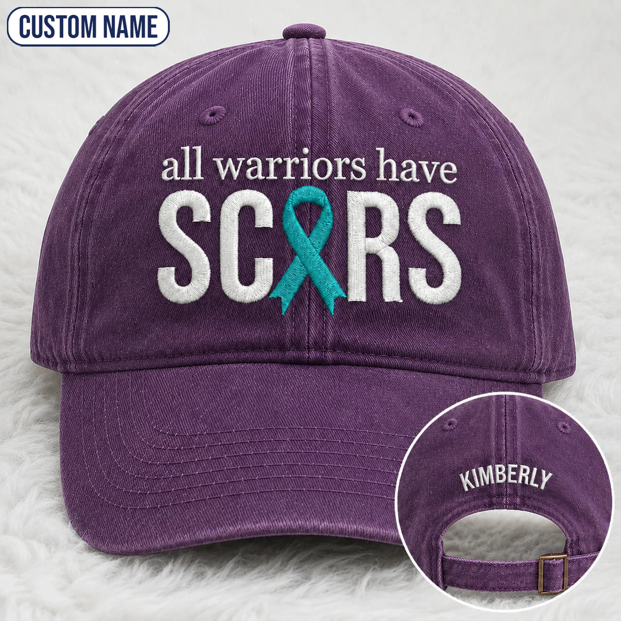 Personalized All Warriors Have Scars Teal Ribbon Embroidered Washed Cap, Awareness Gift