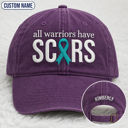 Personalized All Warriors Have Scars Teal Ribbon Embroidered Washed Cap, Awareness Gift