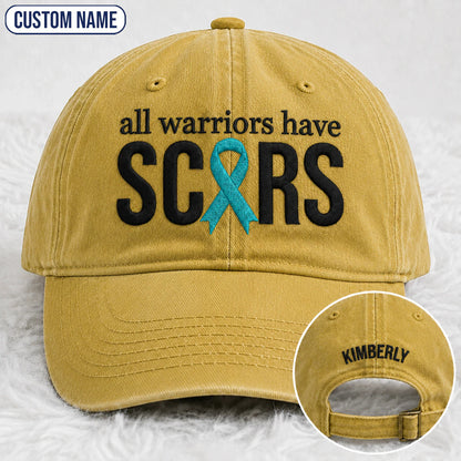 Personalized All Warriors Have Scars Teal Ribbon Embroidered Washed Cap, Awareness Gift
