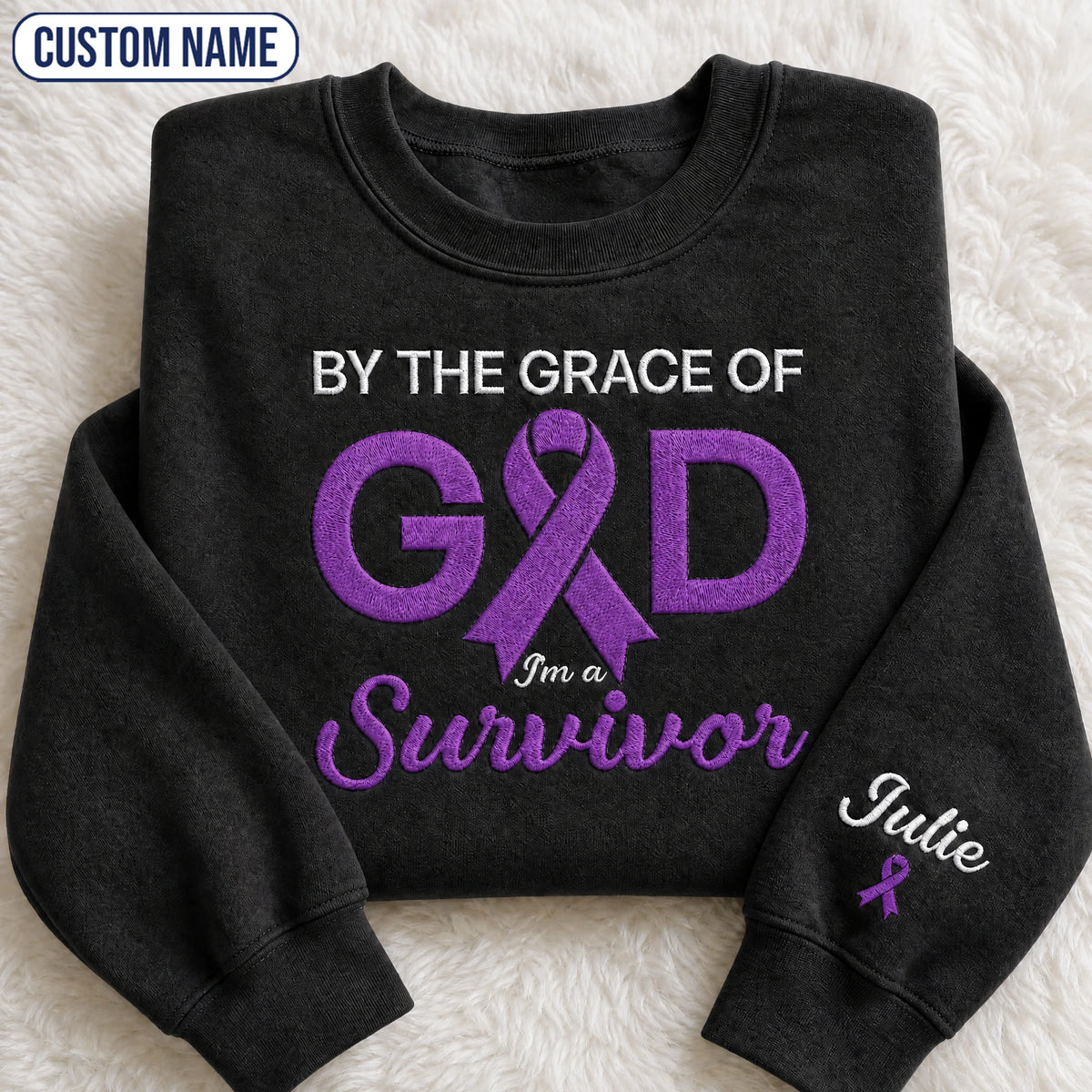 Personalized By the Grace of God Purple Ribbon Embroidered Unisex Crewneck Sweatshirt