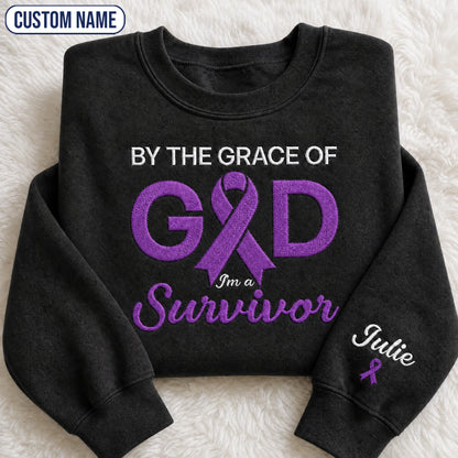 Personalized By the Grace of God Purple Ribbon Embroidered Unisex Crewneck Sweatshirt