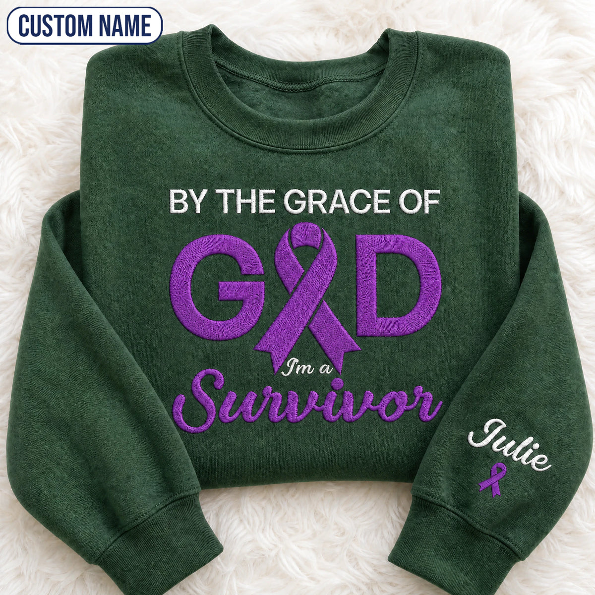 Personalized By the Grace of God Purple Ribbon Embroidered Unisex Crewneck Sweatshirt