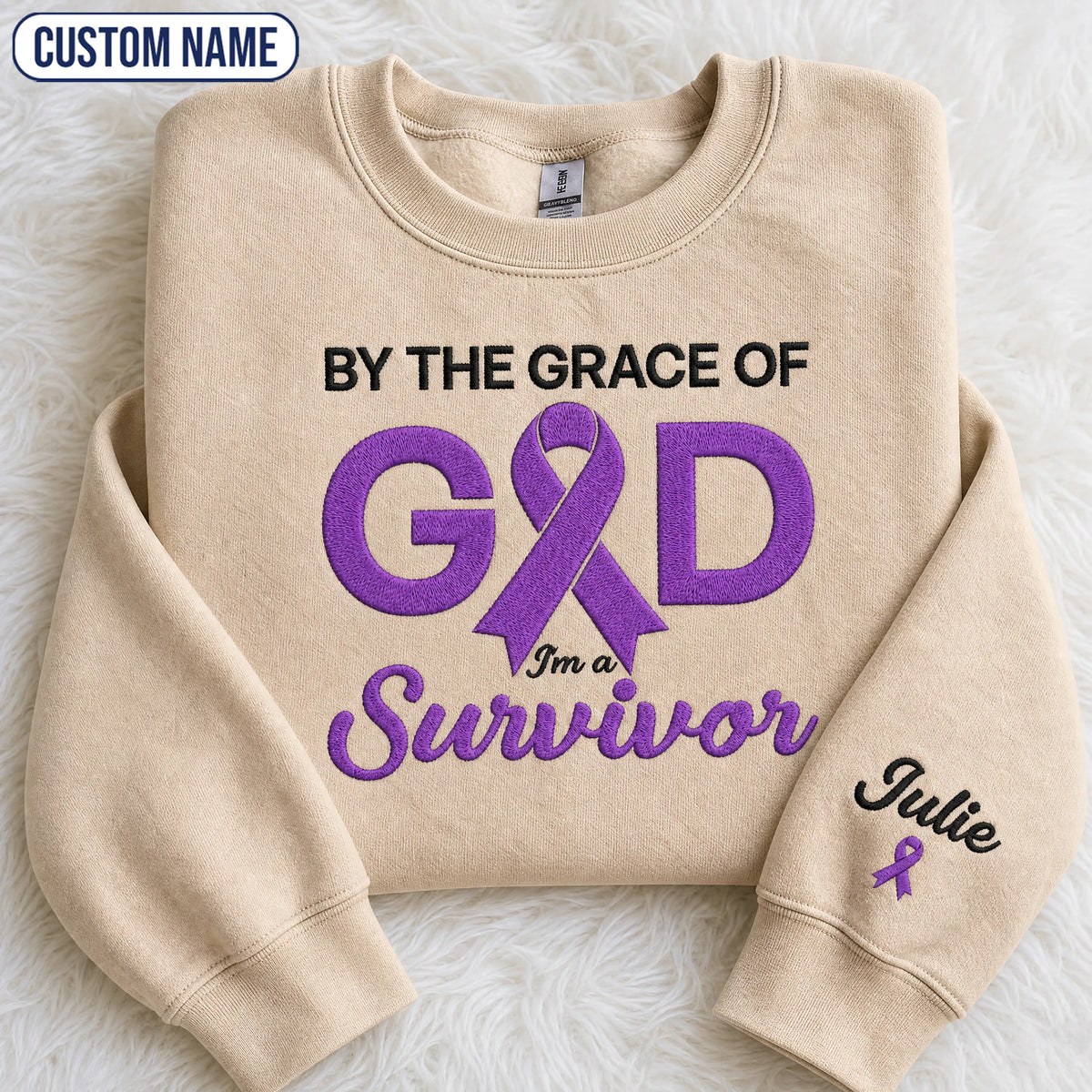 Personalized By the Grace of God Purple Ribbon Embroidered Unisex Crewneck Sweatshirt