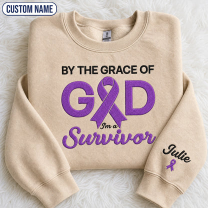 Personalized By the Grace of God Purple Ribbon Embroidered Unisex Crewneck Sweatshirt
