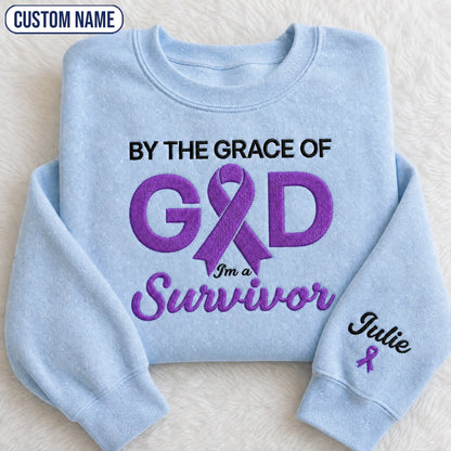 Personalized By the Grace of God Purple Ribbon Embroidered Unisex Crewneck Sweatshirt
