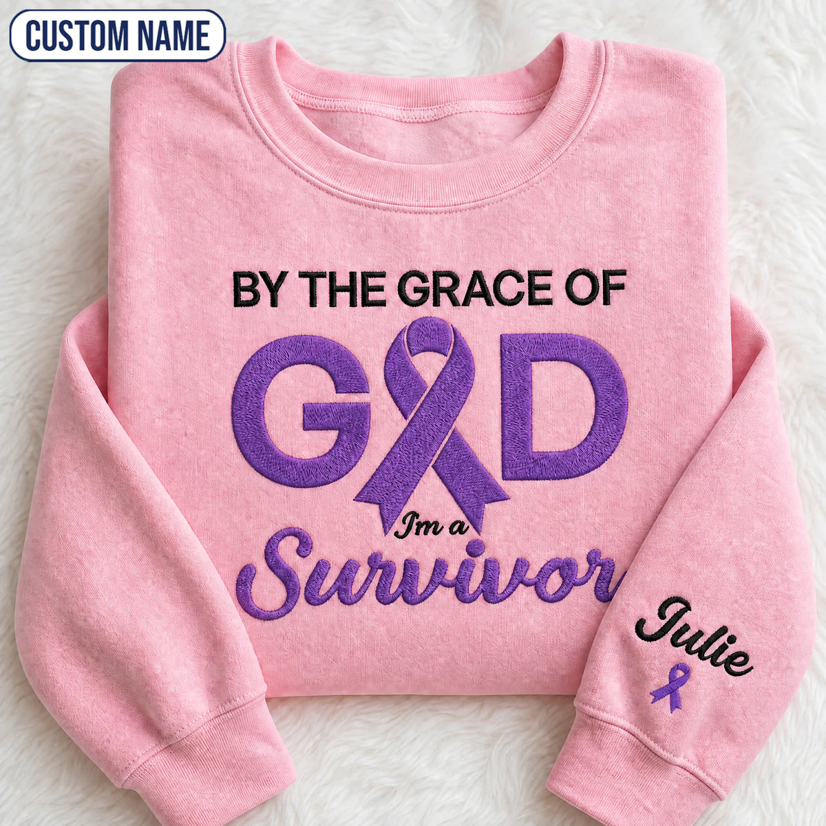 Personalized By the Grace of God Purple Ribbon Embroidered Unisex Crewneck Sweatshirt