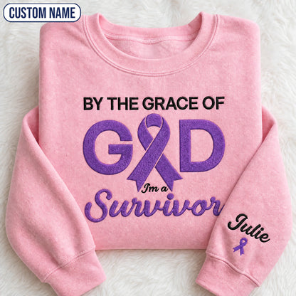 Personalized By the Grace of God Purple Ribbon Embroidered Unisex Crewneck Sweatshirt