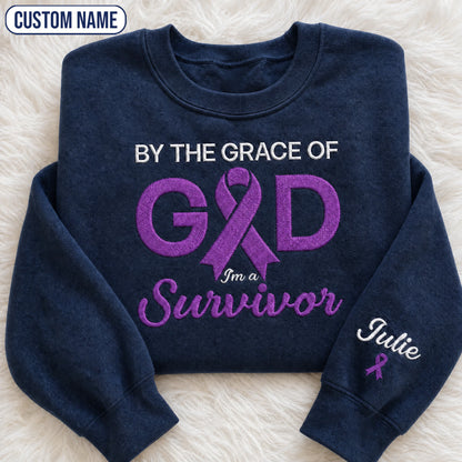 Personalized By the Grace of God Purple Ribbon Embroidered Unisex Crewneck Sweatshirt